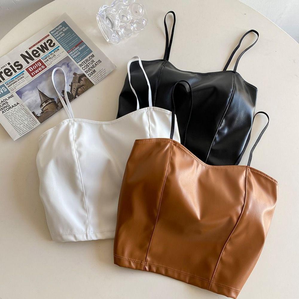 Brassiere Women PU Camisoles Bralette Thin Shoulder Strap Bra Alluring&Innocent Tank Top  Girls