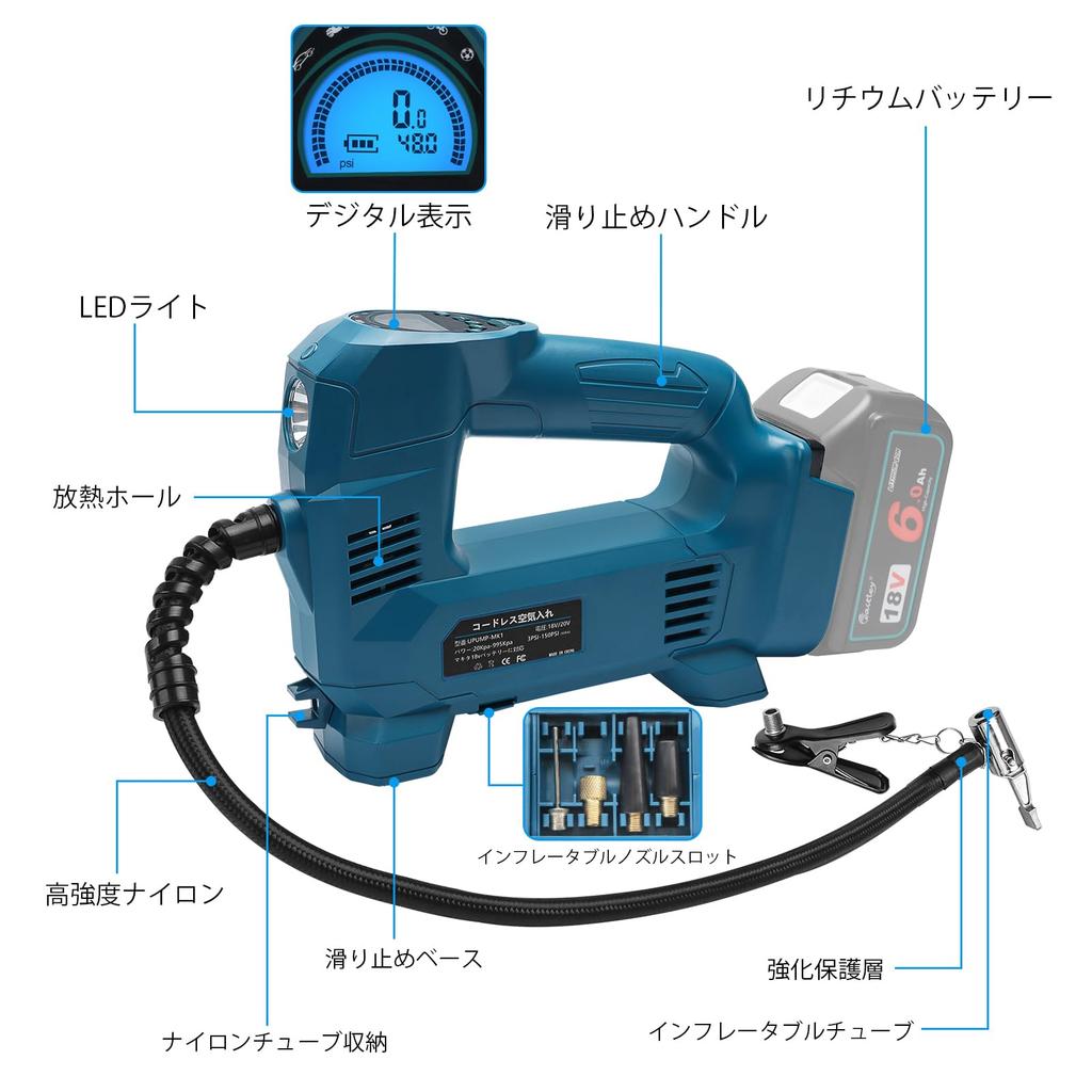 Waitley Air Compressor, Electric Inflator for Cars, Motorcycles, Bicycles, and Floats, 160 PSI, 1034 kpa, Makita Compatible, 18V, Compatible with Fren