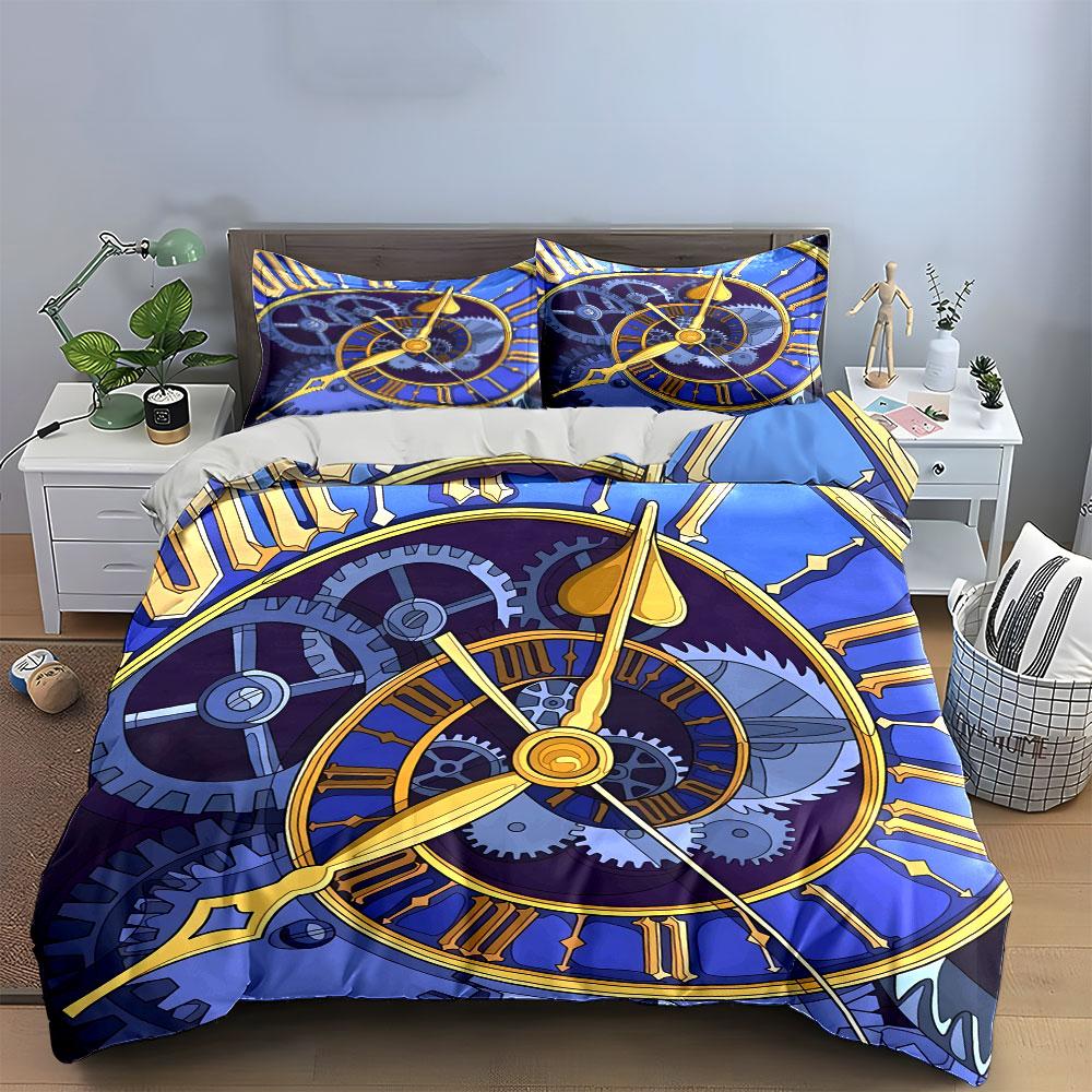 Retro Uhrwerk Design Dekorationsset Weiches Hautfreundliches Bettwäscheset Enthält 1 Bettbezug Und 2 Kissenbezüge Geschenk