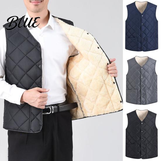 Sleeveless Jacket Men Closure V-Neck Vest with Down Padding Autumn Winter Pocket Button Solid Color