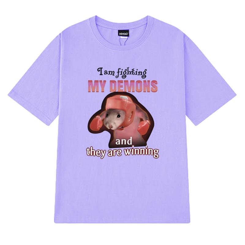 2025 Funny I Am Fighting My Demons and The Are Winning Rat Meme T shirt Unisex Casual short sleeve T-shirts Men Women Cotton Top