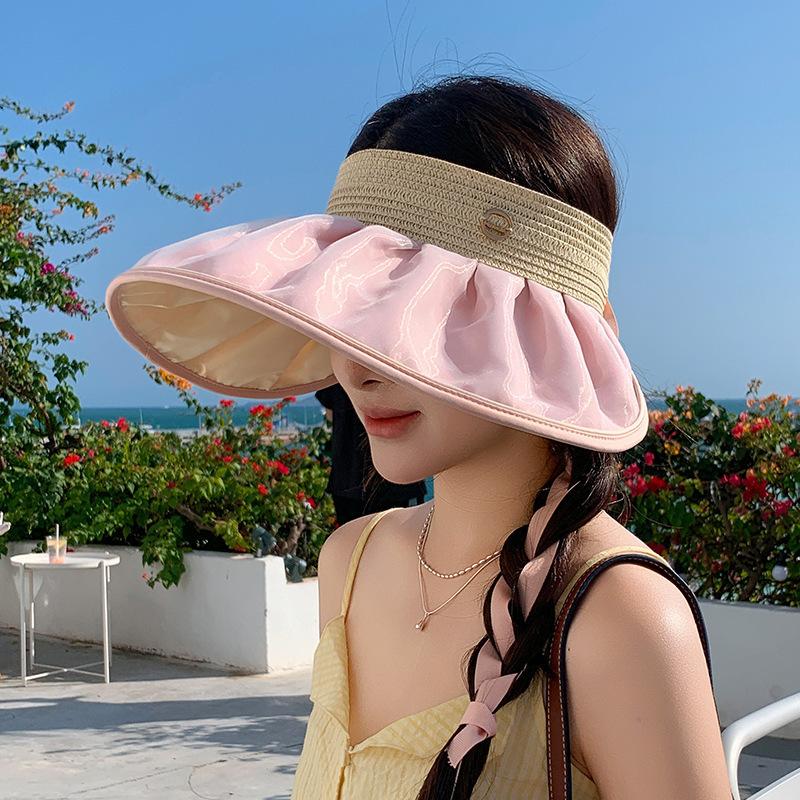 2025 New Big Brim Shell Visor Double-sided Straw Bucket Hat Summer Meal Ultraviolet Empty Top Hat