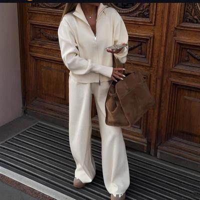 Women's Casual High Neck Zip-Up Top with Wide Leg Pants Set, Elegant Loungewear Outfit