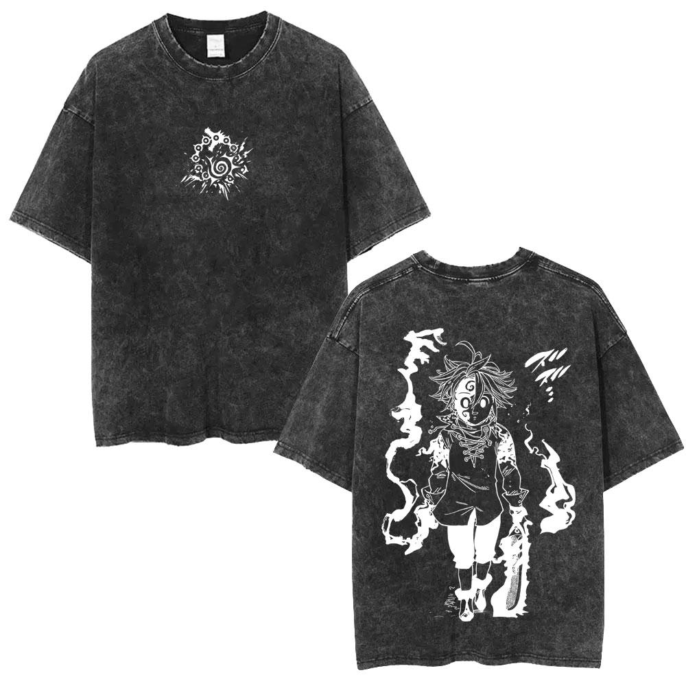 Anime The Seven Deadly Sins Lion's Sin of Pride Escanor Vintage Washed T Shirt Clothing Manga Retro Oversized T-shirts Unisex