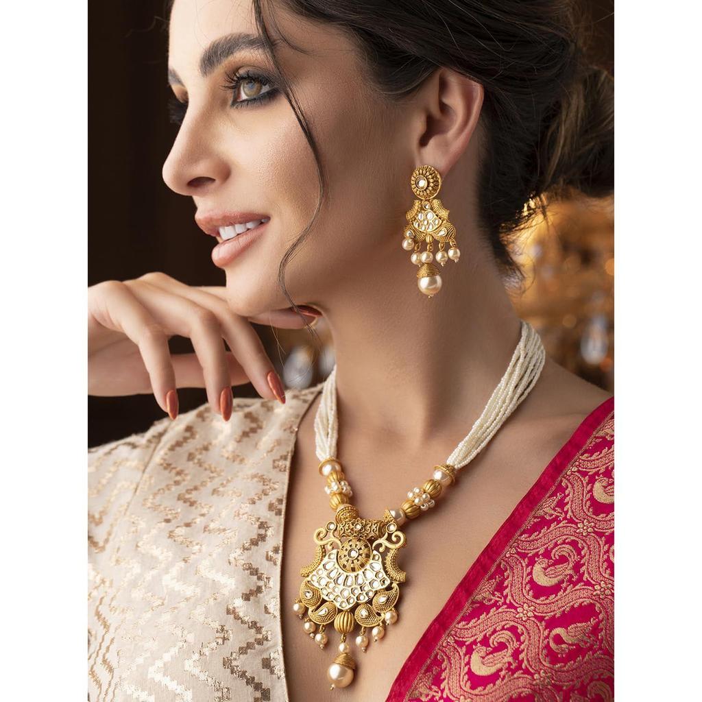 Pearl & White Stone Studded Necklace Jewellery Set For Women