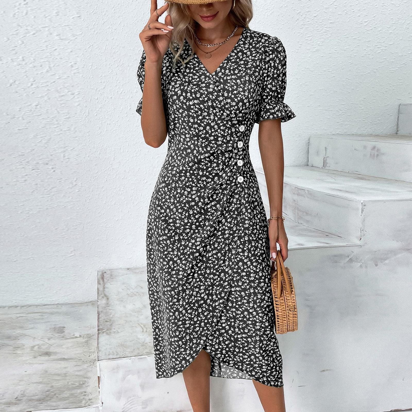 

Женское летнее повседневное платье с v-образным вырезом и трапециевидным вырезом в стиле бохо, платье с цветочным принтом и воланами, с запахом и подолом L чёрный