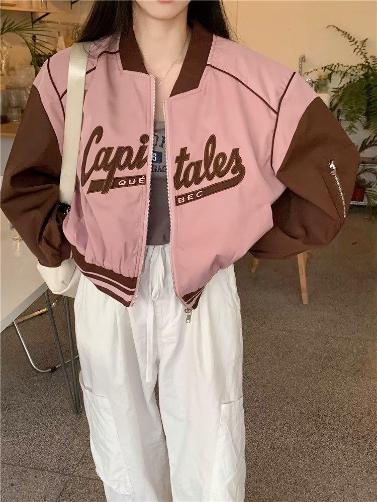 Plus Size Pink Retro Baseball Jacket for Petite Women - Spring & Autumn