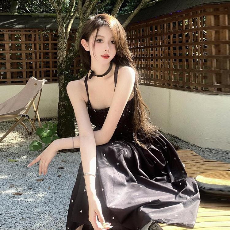 2025 High-End Women's Black Polka Dot Backless Camisole Summer Dress