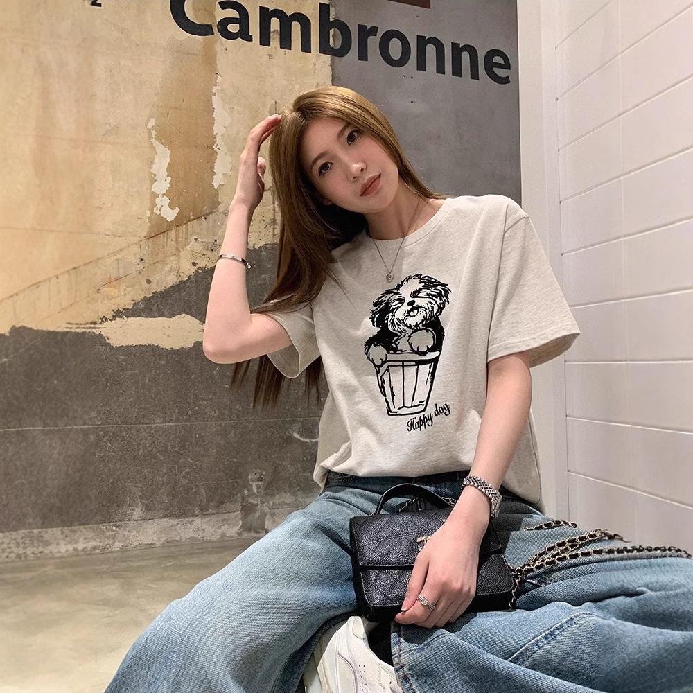 Loose shoulder cotton short-sleeved t-shirt women's summer new American printed puppy pattern top