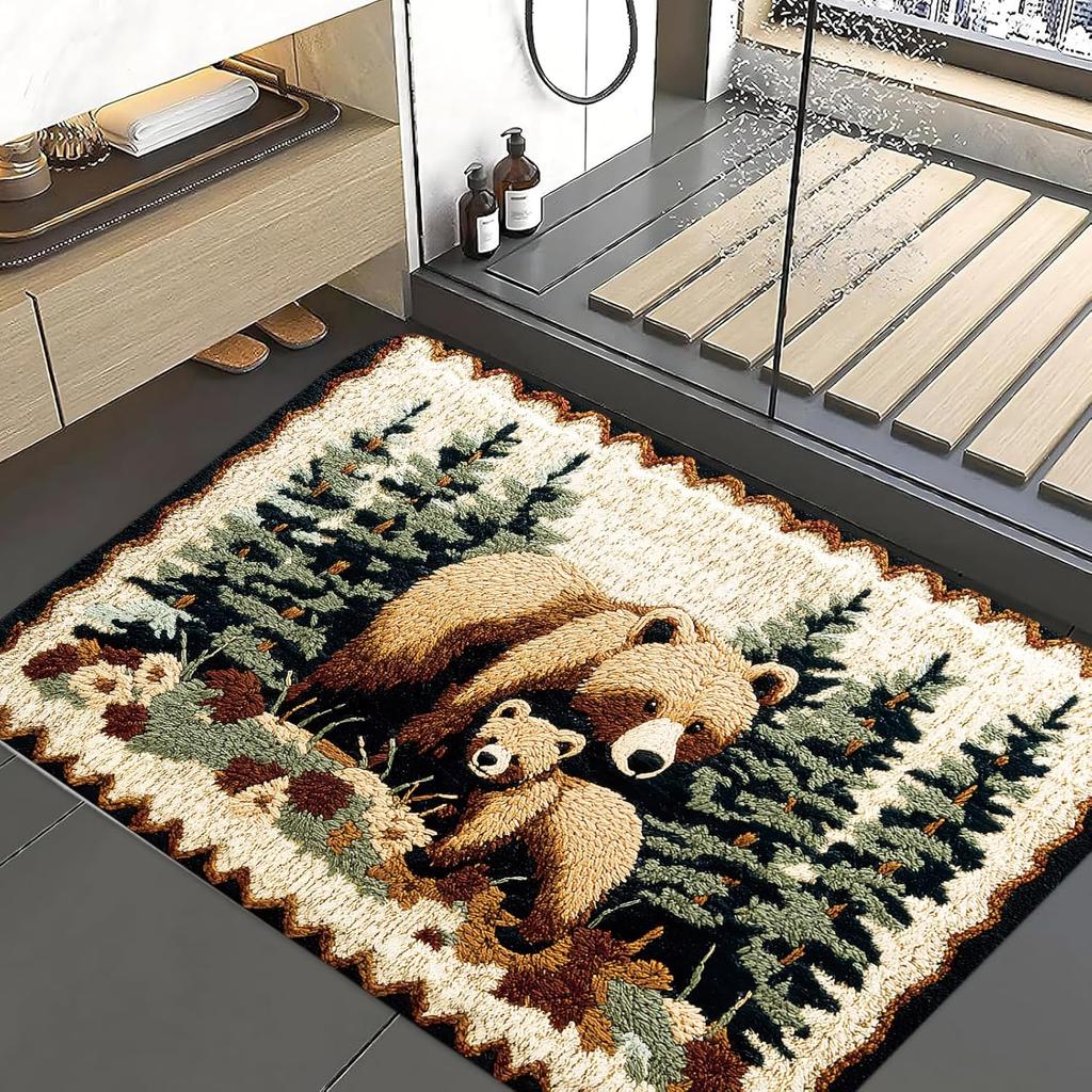 Bear Rug Mat Farmhouse Bathroom Rugs Animal Brown Bear Forest Trees Rustic Cabin Carpet Camping Bath Rug Sets for Bathroom Bedroom Kitchen Outdoor
