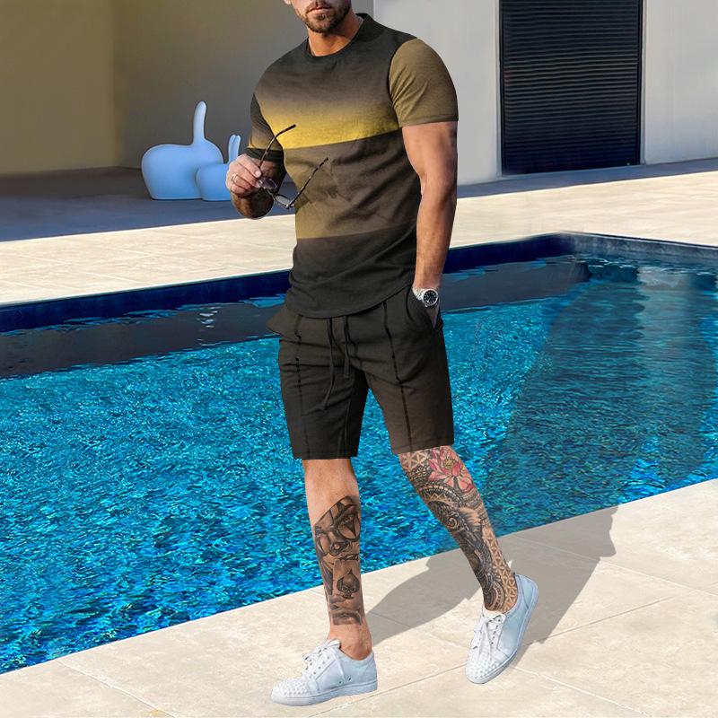 Plus Size Men's Summer Suit Round Neck Short Sleeved Shorts 3D Printed Loose Men's Casual Sports Set