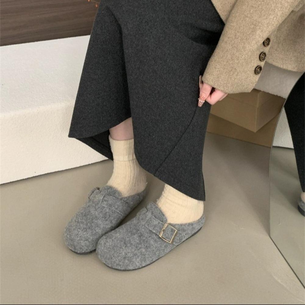 New Women Slippers Mules Fur Women Shoes Winter New Buckle Flats Platform Walking Plush Ladies Slides Casual Warm Indoor Boots