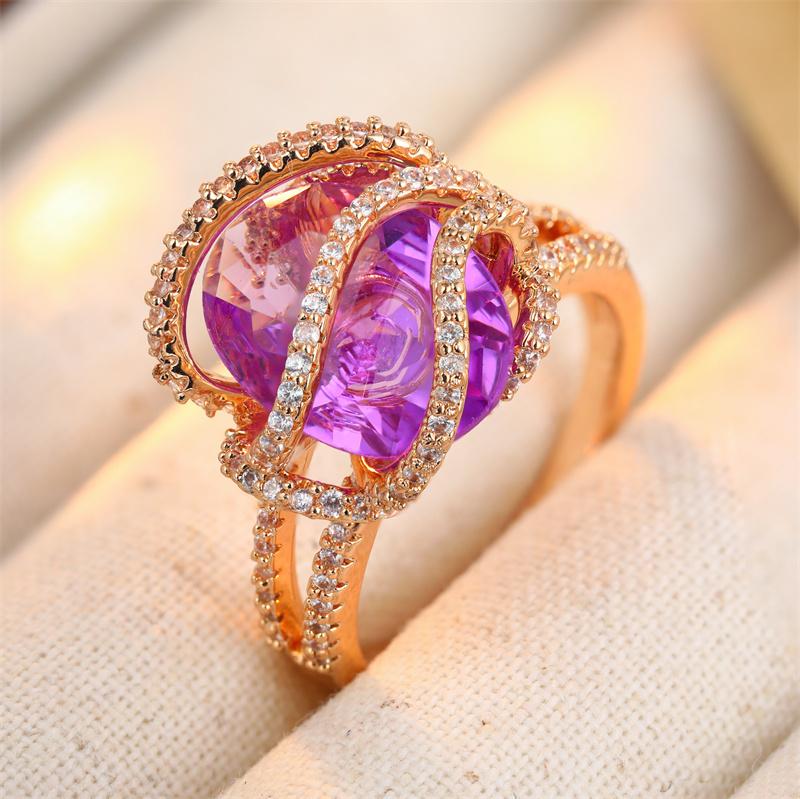 Luxus Intarsien Lila Weiß CZ Damenring Trendige Goldfarbe Geometrie Tägliches Tragen Party Schmuck Jahrestag Geschenk