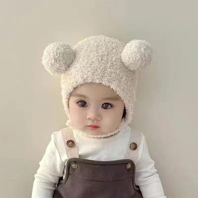 Süße warme Wintermütze für Kinder, Mädchen, Jungen, Babymütze aus Fleecewolle, Saummütze mit Wollknäuel, Ohrenschutz, weiche Motorhaube für Neugeborene