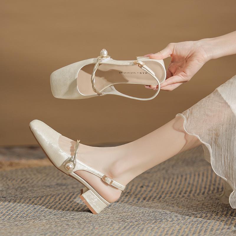 

33513 Модная китайская обувь Мэри Джейн Голова Дафан С открытой пяткой Толстый каблук Универсальная Удобная Новогодняя женская 40