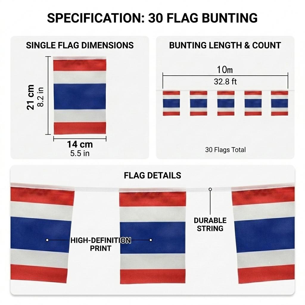 10m/ 32.8ft Thailand String Flag Holiday Decoration Hanging Pull Flag