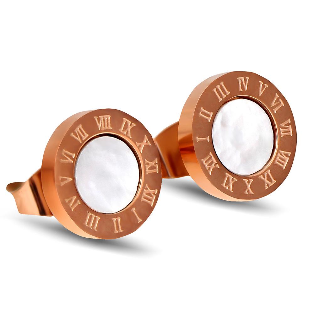 Stainless Steel Ear Studs with Roman Numeral Inlaid Shell - Versatile and Stylish