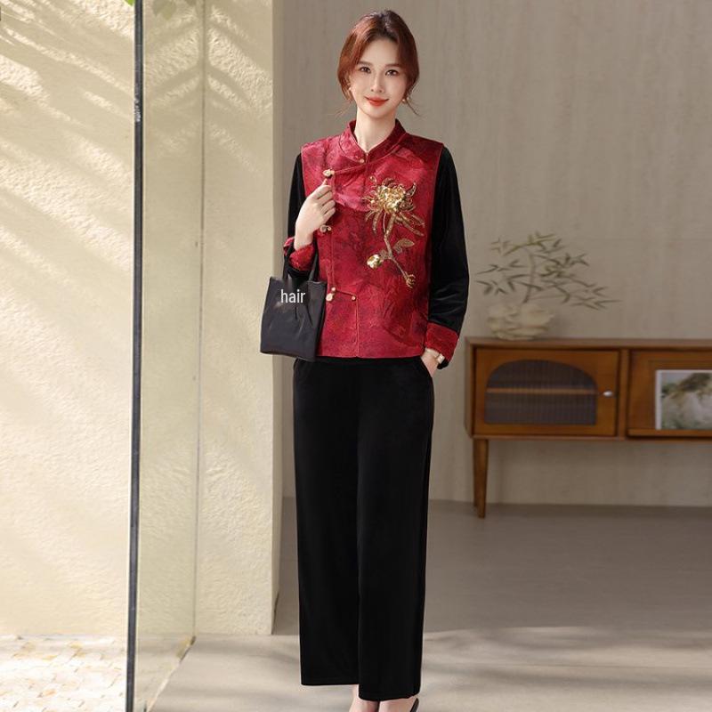 

Elegant Velvet Three-Piece Set for Middle-Aged Women - Spring/Autumn 2026 Plus Size Collection 6XL (suggested 87-95 kg)