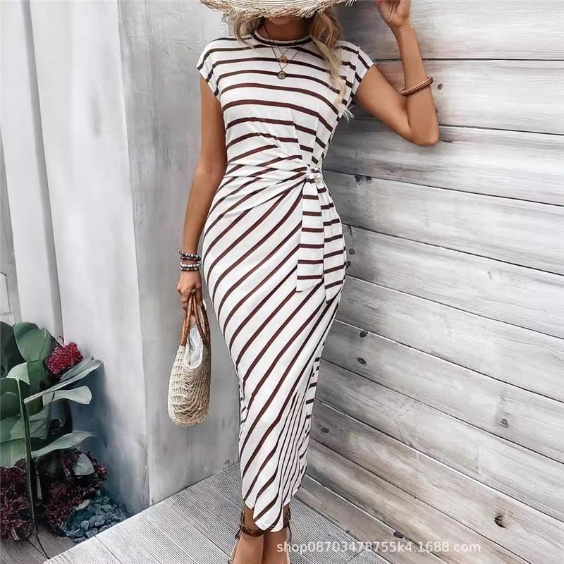 Sommer Damen Langer Rock O-Ausschnitt Kurzarm Gestreift Tailliert Mode Schlank-schlank Urlaub Party Freizeitkleid