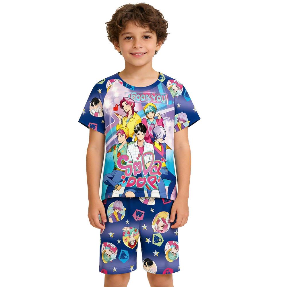 Fashion Fun Cartoon Devil Hunter Print Kids T-shirt and Shorts 2 Piece Set Summer Casual Outdoor Boy's and Girl's Outfit Set