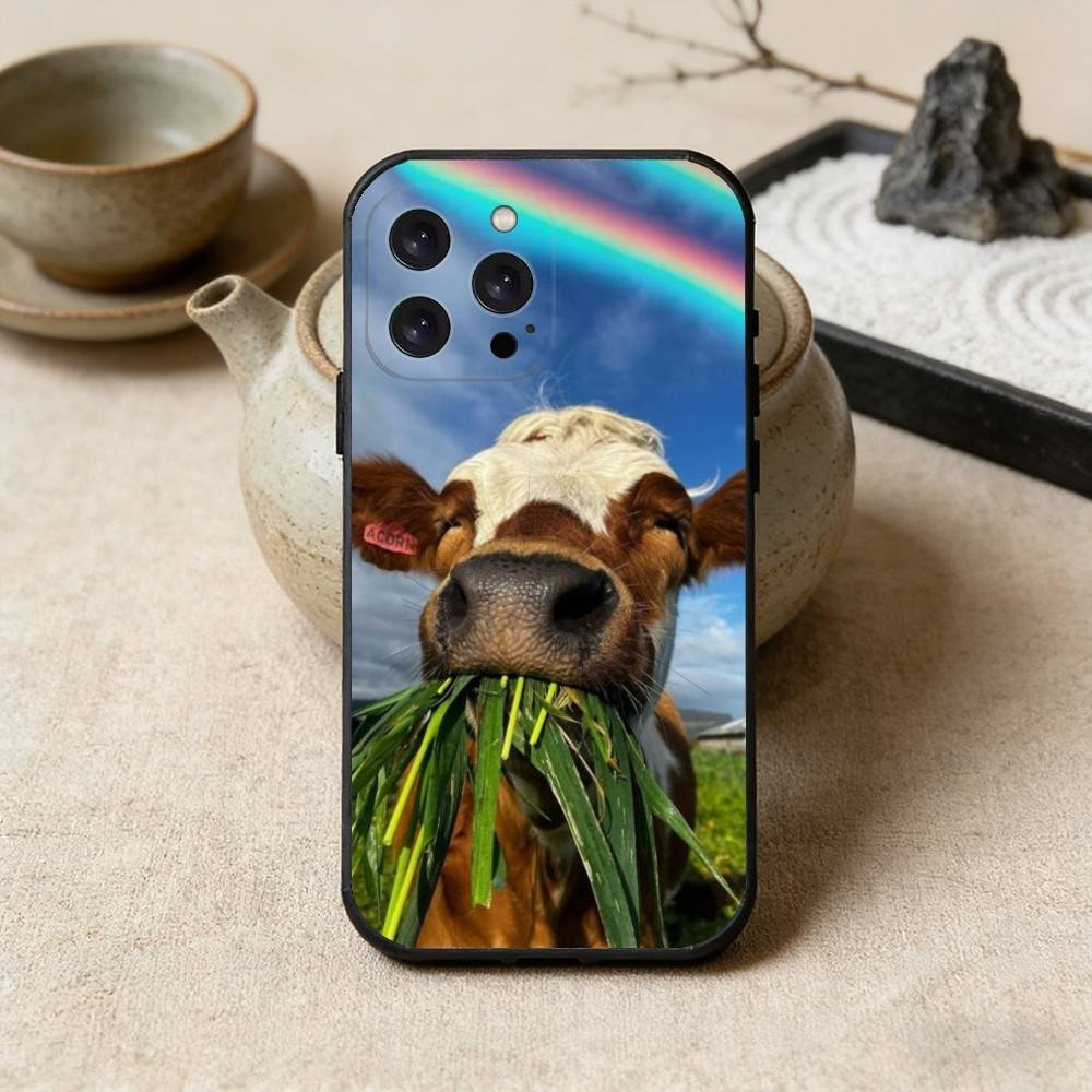 Lovely Cute Cow Cows OX Phone Case For iPhone17,16,15,14,13,12 Plus,Max Soft Silicone Black Cover