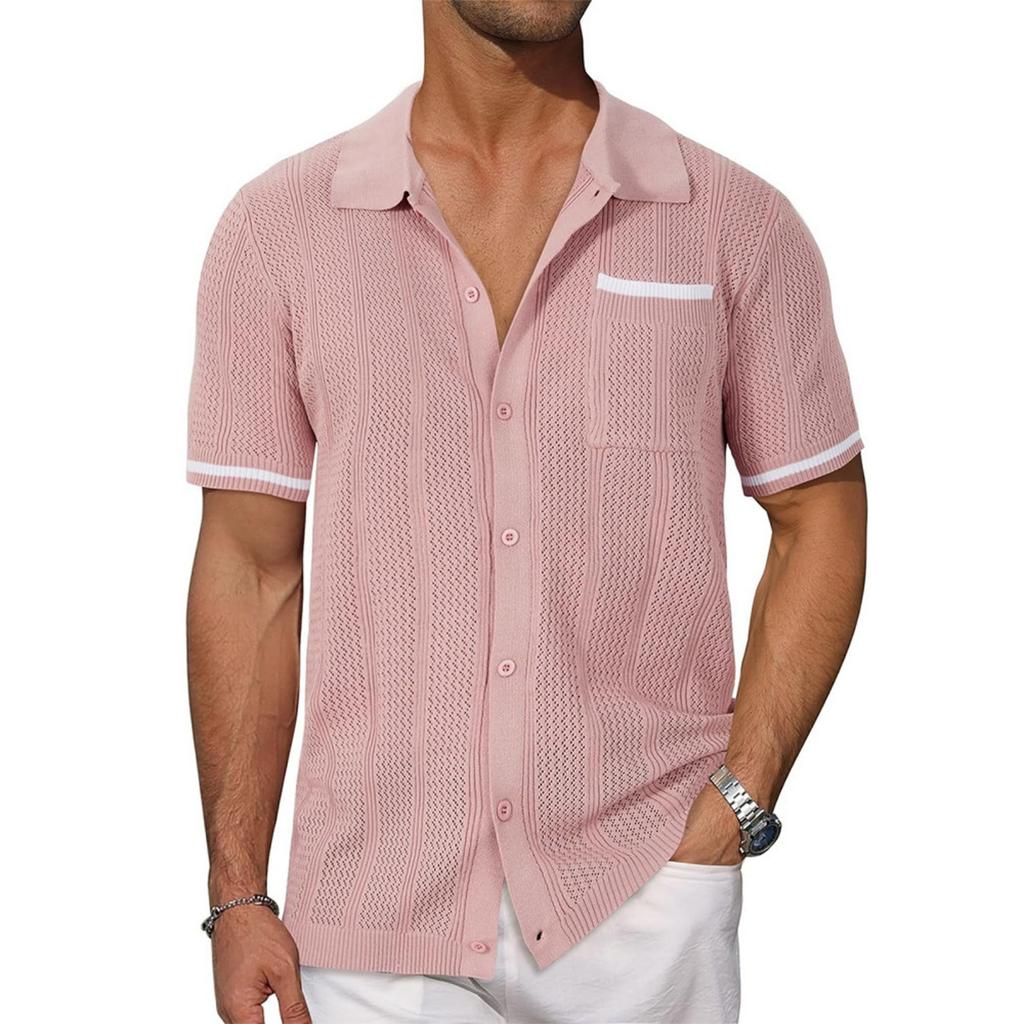 Men's Casual Color-blocked Short-sleeved Shirt, Men's Hollow-out Breathable Button-up Shirt With Lapel