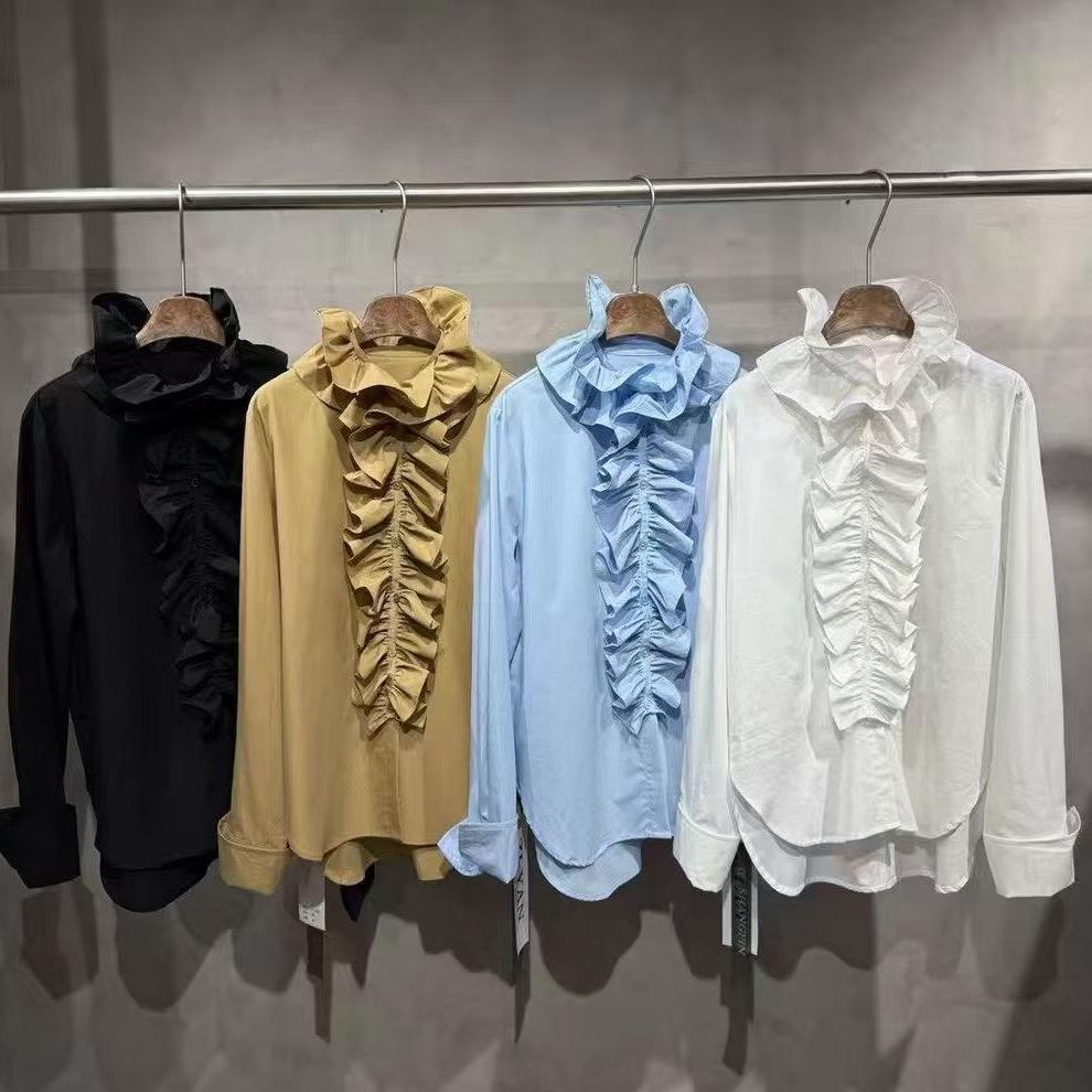 Elegant French-inspired Ruffled Stand-Collar Shirt: Detachable, Loose-Fit, Slimming, Mid-Length, Perfect for Commuting