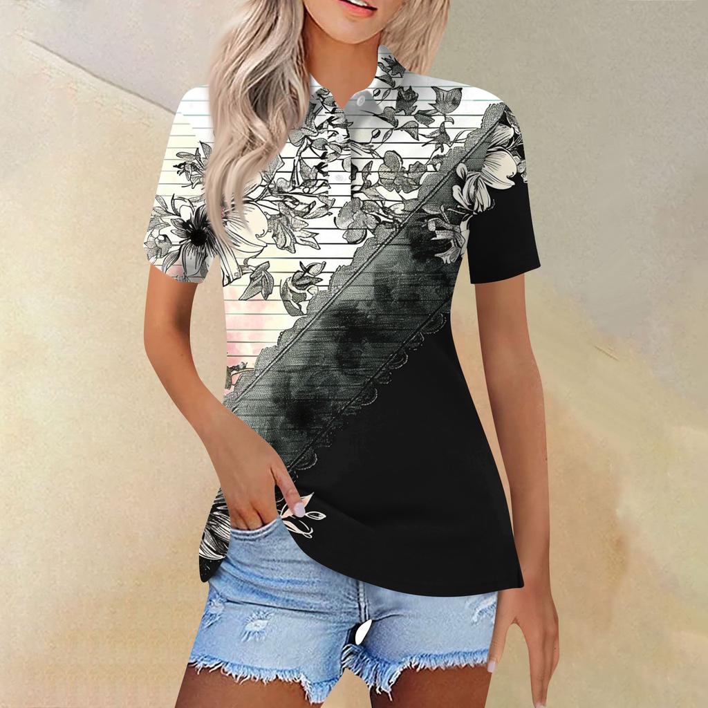 Women's Fashion Casual Lapel Short Sleeve Print Shirt Women's Button Up Tops