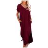 Casual Women's Loose Swing Long Dress V-neck Short-sleeve Solid Color Side Slit Summer Fashion