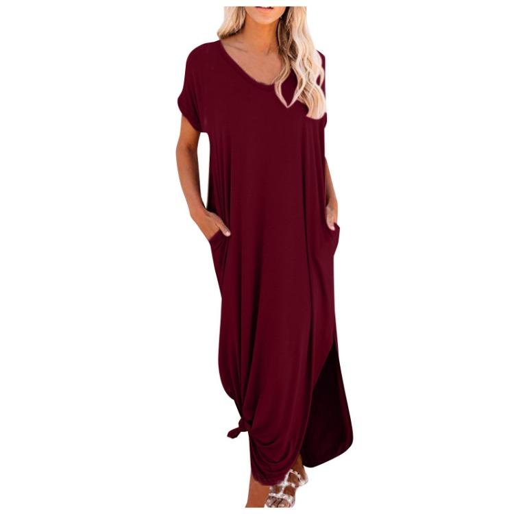 Casual Women's Loose Swing Long Dress V-neck Short-sleeve Solid Color Side Slit Summer Fashion