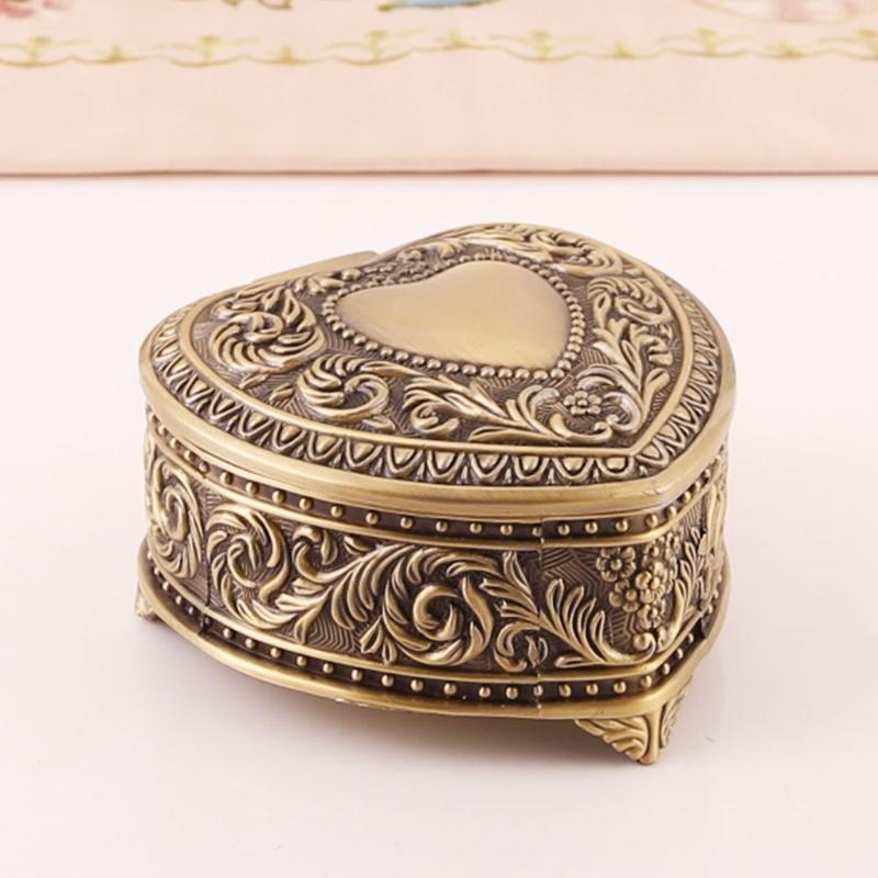 Elegant Heart Jewelry Holder Earring Organizer with Black Velvets Interior Florals Engraved Box for Protecting Valuables