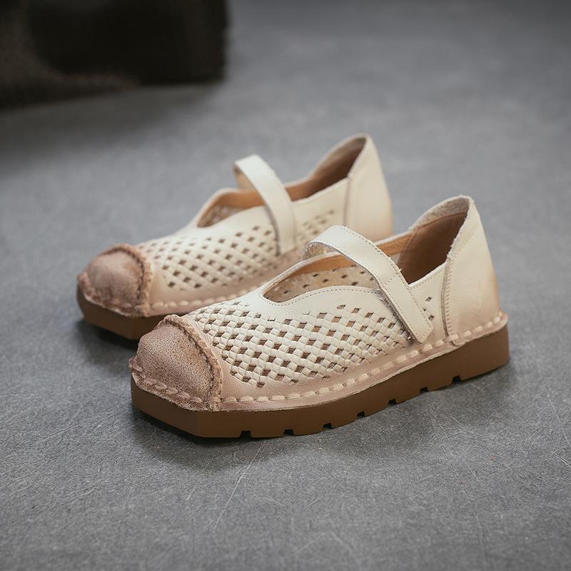 Johnature Genuine Leather Retro Hollow-out Breathable Flat Sandals Square Toe Comfortable Women's Shoes
