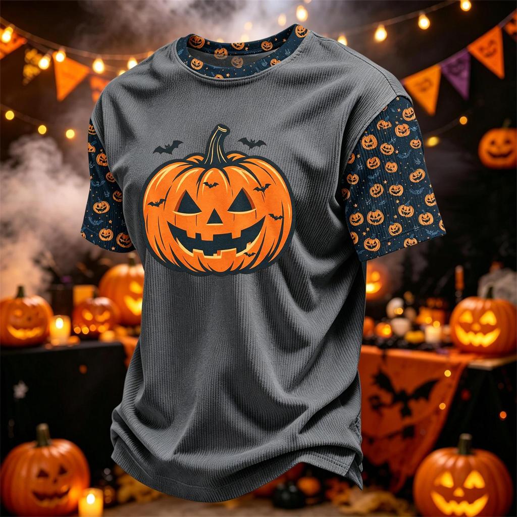 Herren Freizeit Corduroy Kurzarm Rundhals Leicht Atmungsaktiv T-Shirt mit Halloween Kürbis Print Design Bequeme Passform