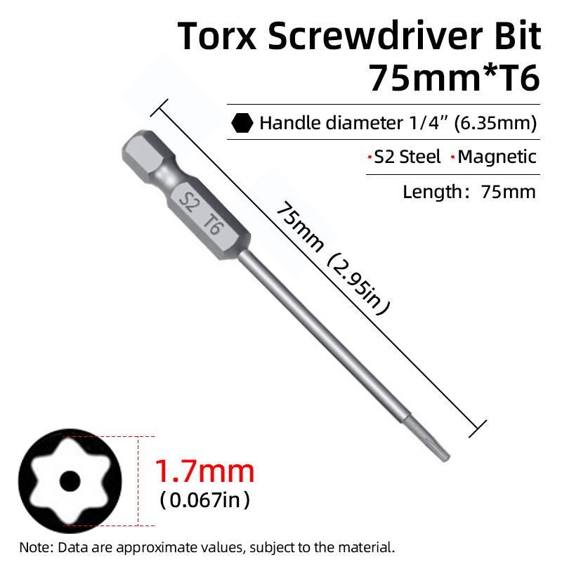 Μύτες Μαγνητικού Κατσαβιδιού Torx 75mm Ασφαλείας Αντιπαραβίασης Μύτη T6-T40 Κοίλη Κεφαλή Δαμασκηνιάς S2 1/4'' Εξάγωνο Χειρός Ηλεκτρικά Εργαλεία