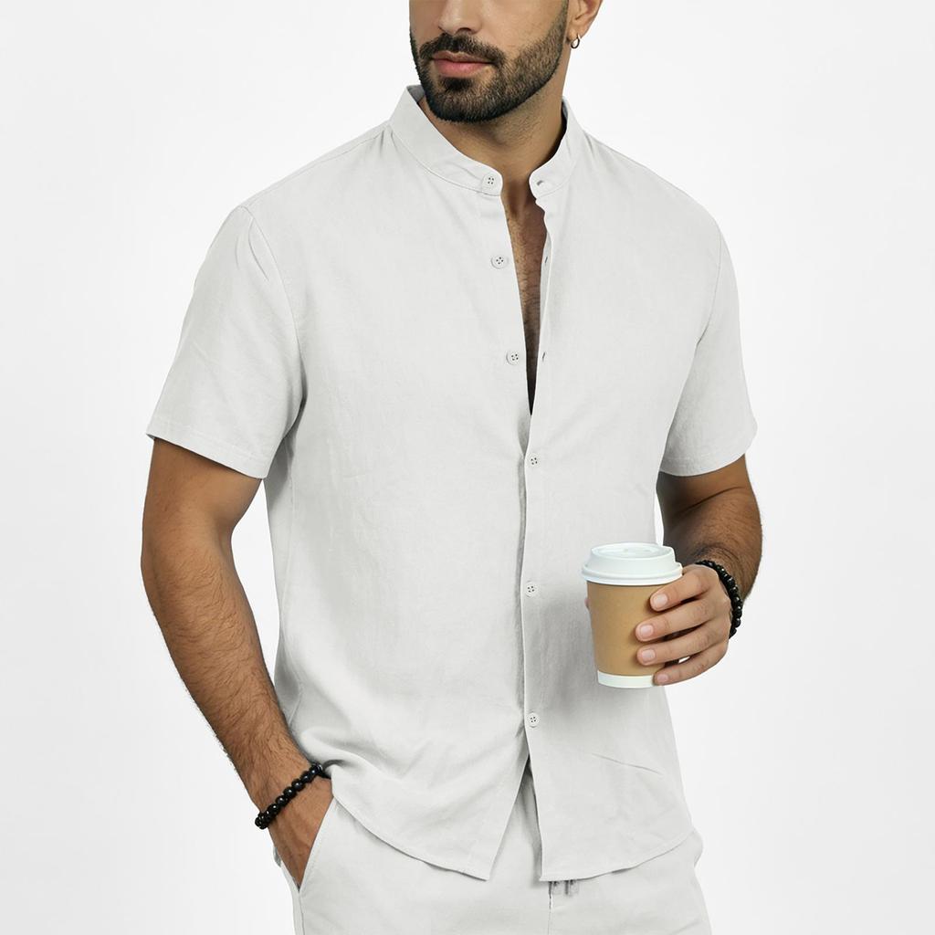 Men's Summer Linen Short Sleeve Shirt Stand Collar Button Down Shirt Casual Breathable Lightweight Top for Daily Wear
