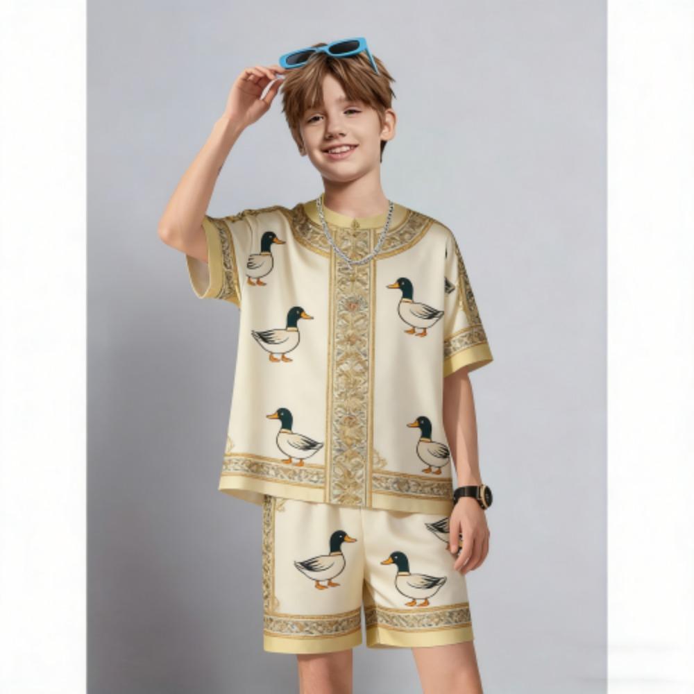 Summer Kids Set Fun Animal Duck Printed Kids T-shirt and Shorts 2 Piece Set Summer Casual Outdoor Boys and Girls Outfit Kids Clothing