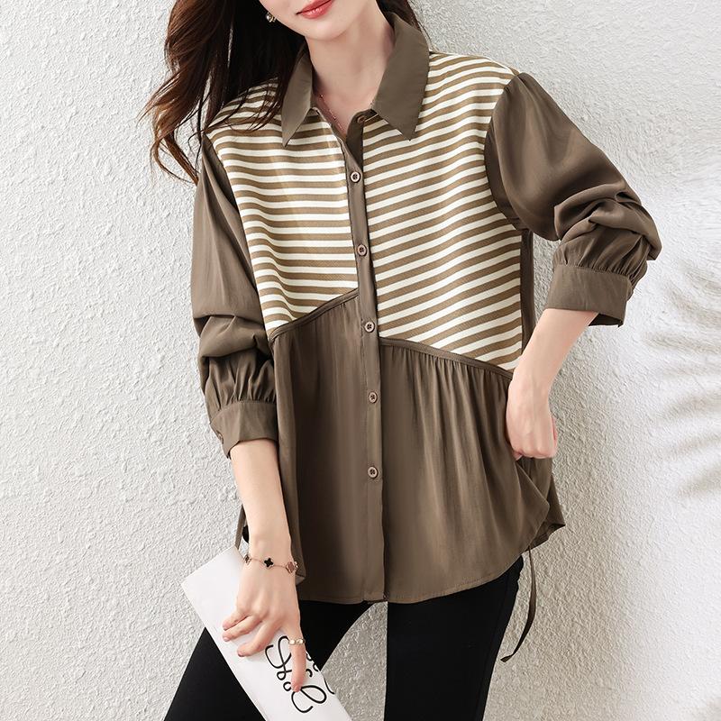 

Johnature Knitted Patchwork Polo Collar Shirt Spring Autumn Casual Simple Striped Irregular Loose Women Tops XXXL кофейный