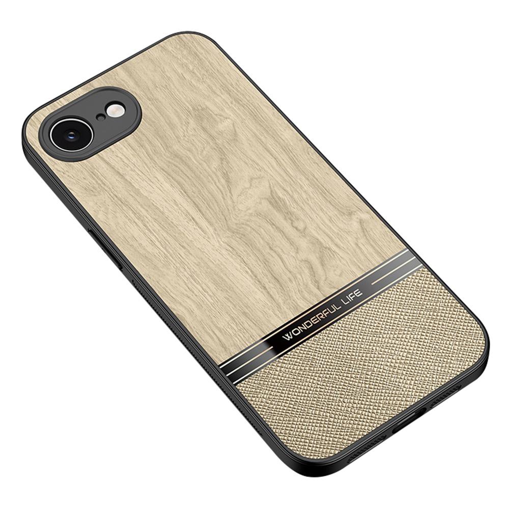 

For iPhone 16e Case Wood Texture Leather+TPU Protective Phone Cover Yellow