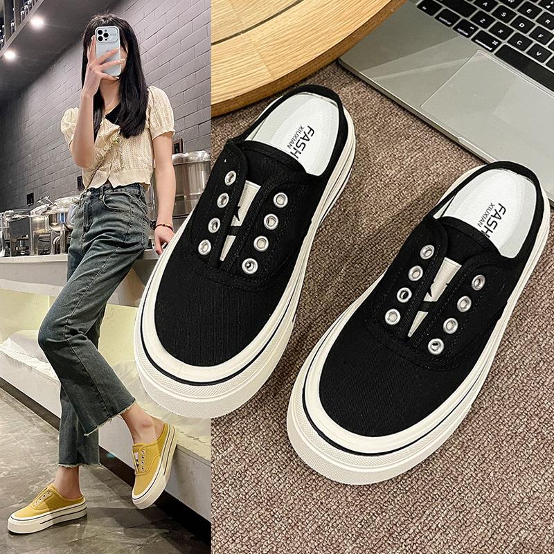2025 new casual canvas shoes heel-free versatile lazy one-pedal platform ins bag head half slippers women's summer