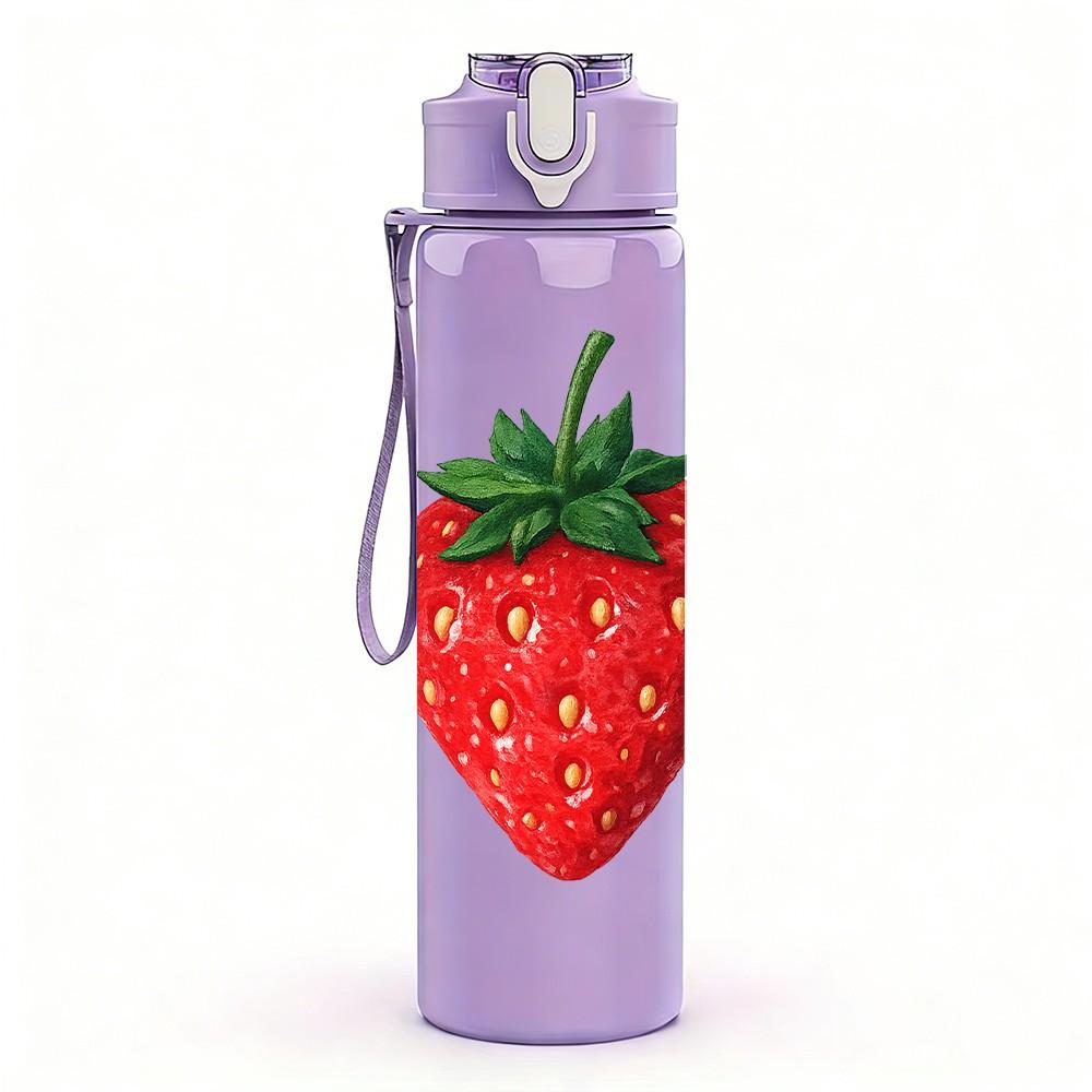 1PC Juicy Red Strawberry Fruit Print 750ml Color Plastic Sports Water Bottle Leakproof Flip Straw Lid Suitable for Sports Office Home Use