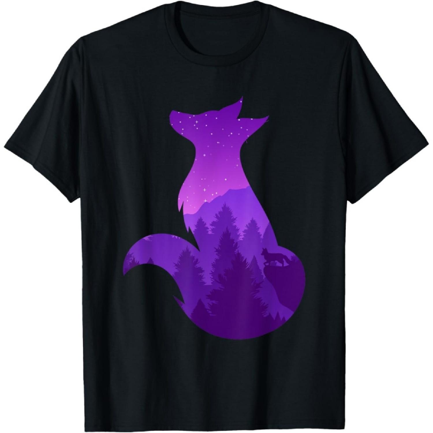 Night Wildlife Animal Galaxy Forest Nature Trees Stars Fox T-Shirt S