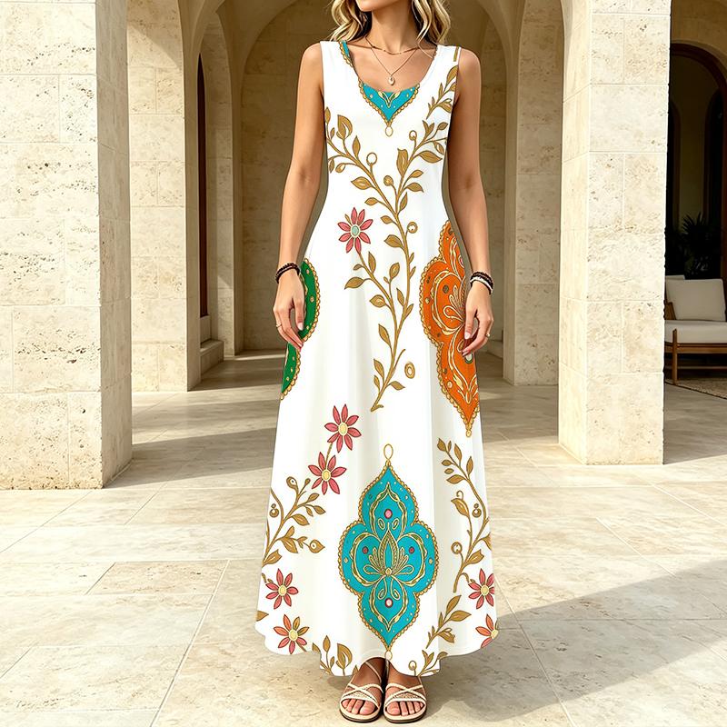 Women's Minimalist Floral Sleeveless Flowy Beach Maxi Dress,Lightweight Elegant Long Dress for Vacation & Daily Wear