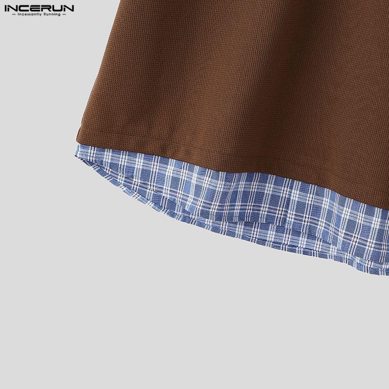 INCERUN Oversized Men Stitching Lapel Neck Short Sleeve Plaid Print Casual Texture T-shirts Tops