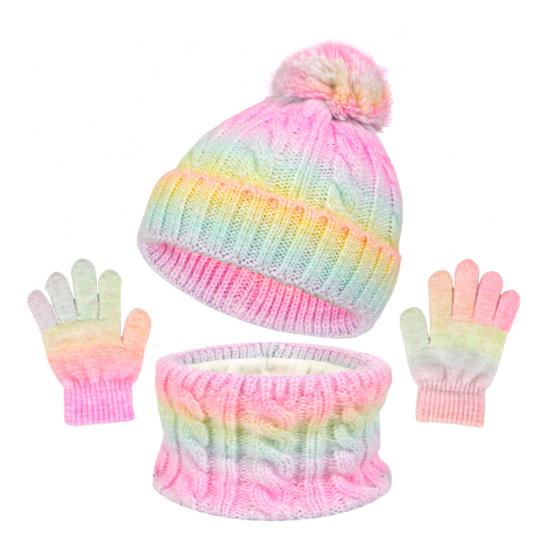 3Pcs/Set Kids Hat Scarf Gloves Set Rainbow Color Twist Texture Hat Thickened Plush Lining Neck Gaiter Knitted Gloves Set