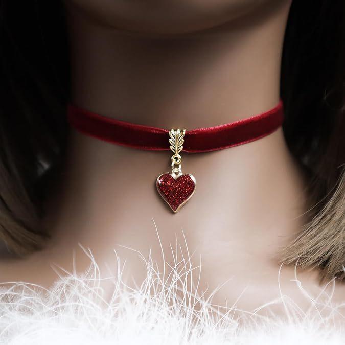 New Trendy Personality Shiny Red Heart Pendant Necklace Black Velvet Collar for Women Hallowmas Party Retro Gothic Jewelry Gifts