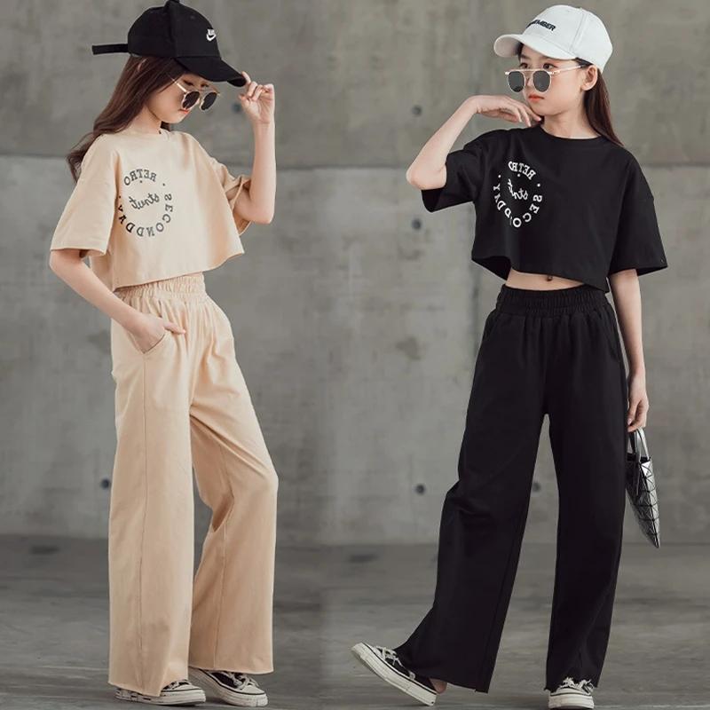 

Летний подросток Девочки Комплекты одежды Дети Короткие топы Футболка + Брюки 2 шт. Детский спортивный костюм