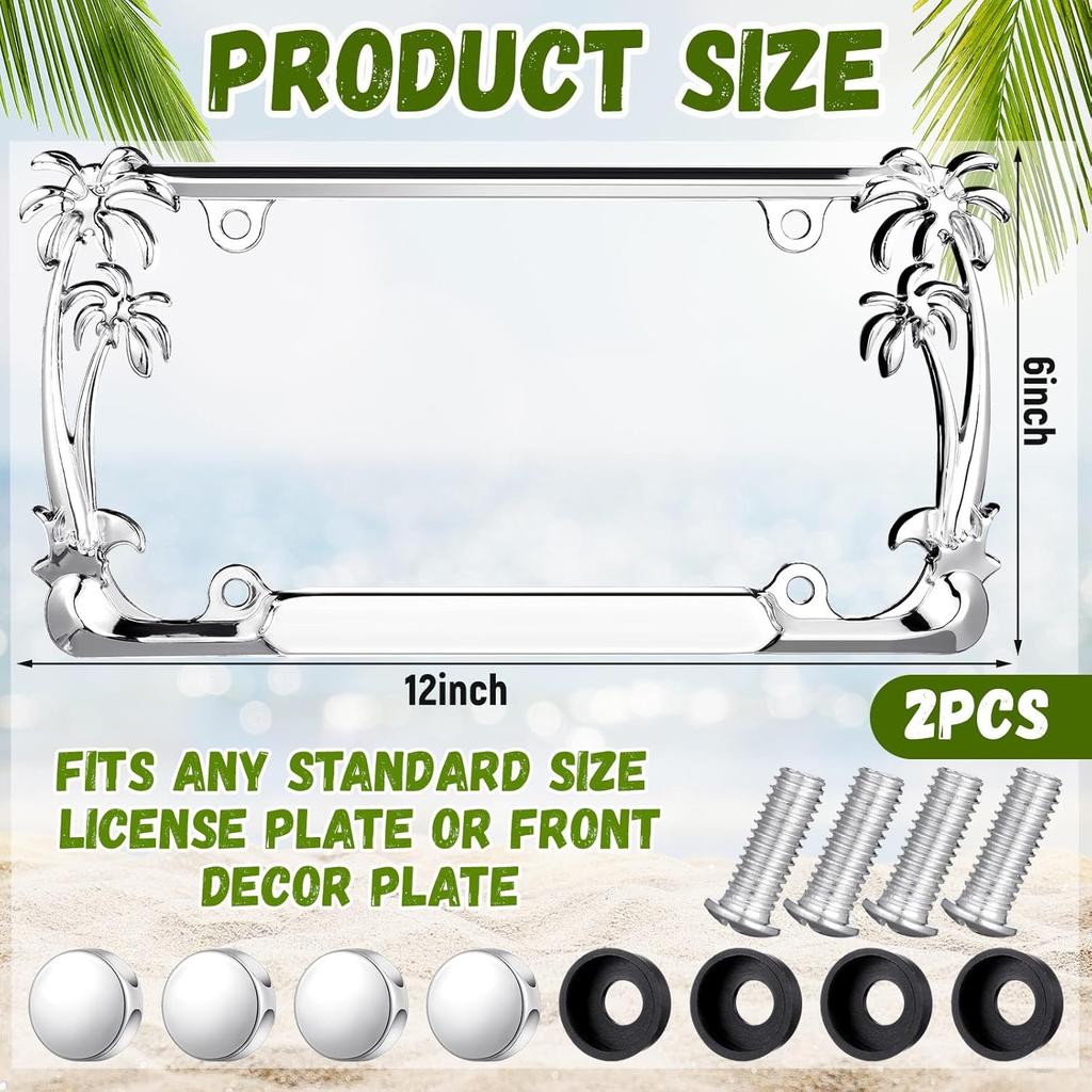 2 Pcs Palm Tree License Plate Frame Plastic Beach Coconut Tree Design Frame Compatible With Standard License Plate For USA 2 Holes With Screws For