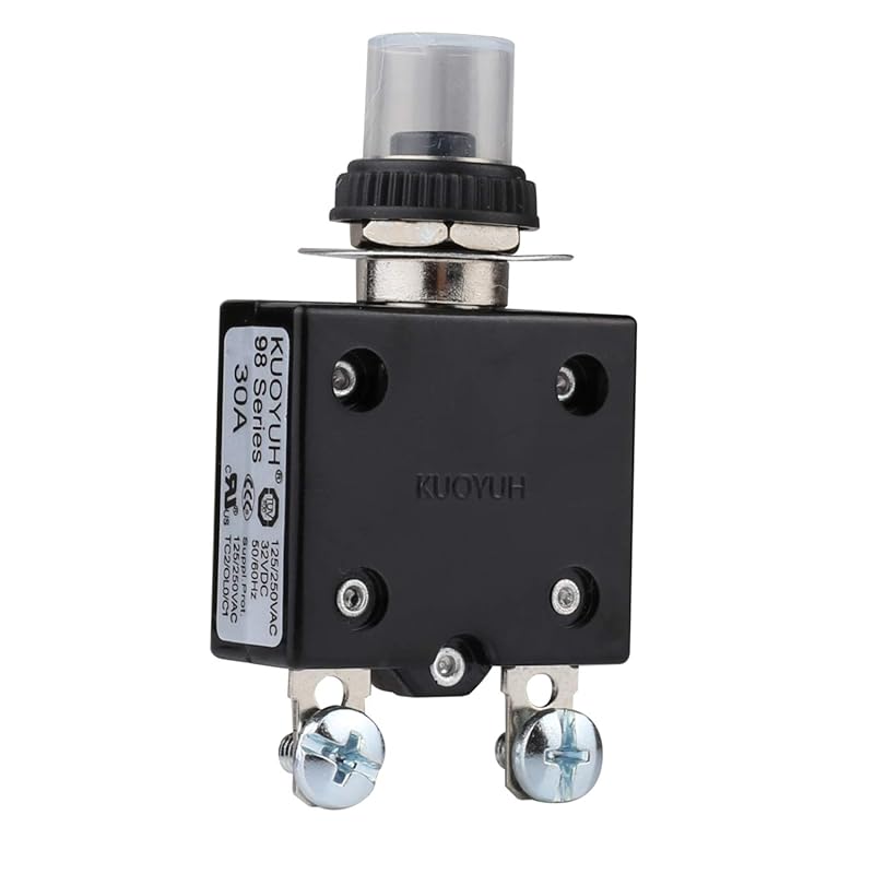 

Thermal Circuit Breaker,98 Series 50A 125/250VAC 32VDC Bottom Screw Thermal Overload Circuit Breaker Push-Button Reset with Quick Connect Terminals L-30A
