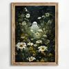 Stampa su Poster Foresta Gatto Nero Fantasma Fiori Selvatici Pittura su Tela Zucca Halloween Spettrale Arte Dark Academia Stanza Arredamento Casa