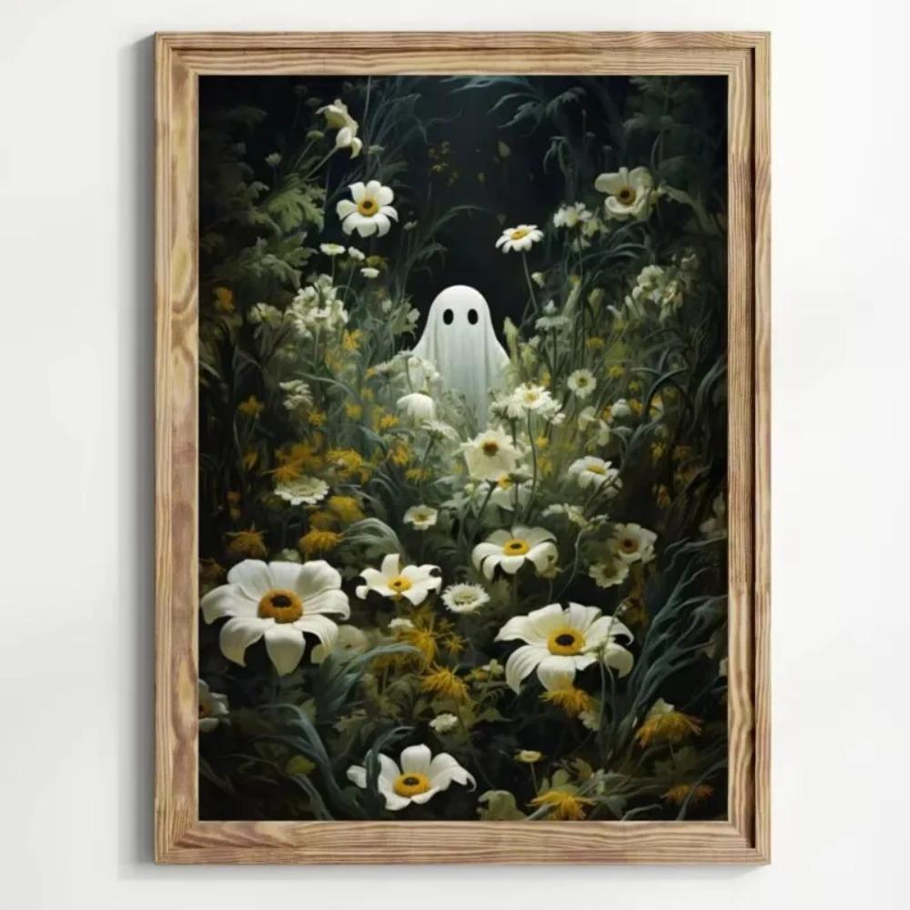 Stampa su Poster Foresta Gatto Nero Fantasma Fiori Selvatici Pittura su Tela Zucca Halloween Spettrale Arte Dark Academia Stanza Arredamento Casa